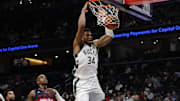 Dec 1, 2025; Washington, District of Columbia, USA; Milwaukee Bucks forward Giannis Antetokounmpo (34) dunks the ball