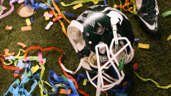 Dec 5, 2015; Indianapolis, IN, USA; View of a Michigan State Spartans helmet with streamers and