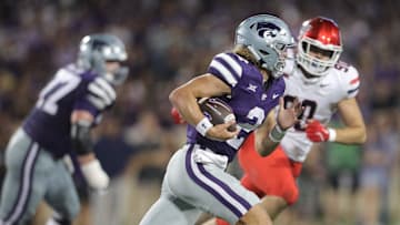 Kansas State Wildcats quarterback Avery Johnson (2) runs the ball during the third quarter of the game against Arizona at Bill Snyder Family Stadium on Friday, September 13, 2024.