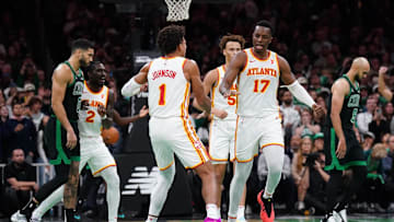 Nov 12, 2024; Boston, Massachusetts, USA; Atlanta Hawks forward Onyeka Okongwu (17) reacts after his basket to put the Hawks in the lead against the Boston Celtics in the fourth quarter at TD Garden. Mandatory Credit: David Butler II-Imagn Images