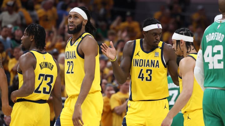 May 25, 2024; Indianapolis, Indiana, USA; Indiana Pacers forward Pascal Siakam (43) talks with guard Andrew Nembhard (2) during the second quarter of game three of the eastern conference finals against the Boston Celtics in the 2024 NBA playoffs at Gainbridge Fieldhouse. Mandatory Credit: Trevor Ruszkowski-USA TODAY Sports