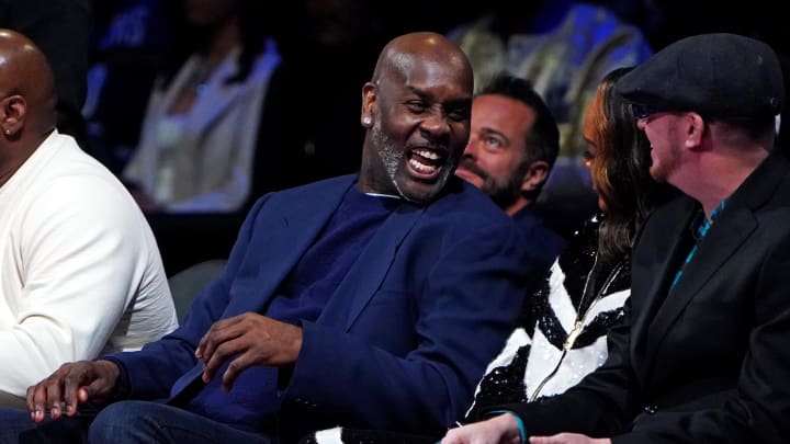 Dec 7, 2023; Las Vegas, Nevada, USA; NBA former player Gary Payton looks during the first quarter of the NBA In Season Tournament Semifinal between the Indiana Pacers and the Milwaukee Bucks at T-Mobile Arena. Mandatory Credit: Kyle Terada-USA TODAY Sports