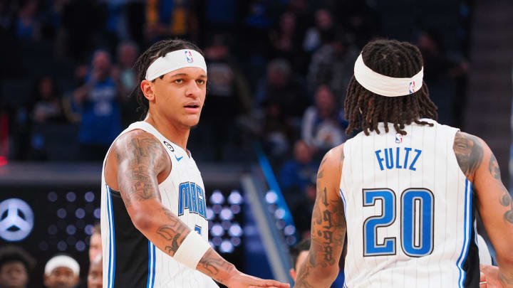 Jan 7, 2023; San Francisco, California, USA; Orlando Magic power forward Paolo Banchero (5) celebrates with point guard Markelle Fultz (20) after defeating the Golden State Warriors at Chase Center. Mandatory Credit: Kelley L Cox-USA TODAY Sports