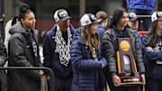 Apr 13, 2025; Hartford, CT, USA;  UConn Huskies Azzi Fudd, Kaitlyn Chen and Caroline Ducharme look on during the Final Four champions victory parade and rally outside of the XL Center in Hartford, CT. Mandatory Credit: Scott Rausenberger-Imagn Images