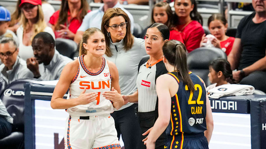 Connecticut Sun guard Sheldon expresses frustration with Indiana Fever guard Clark during a game between the Indiana Fever and the Connecticut Sun at Gainbridge Fieldhouse in Indianapolis. | Grace Smith/IndyStar / USA TODAY NETWORK via Imagn Images