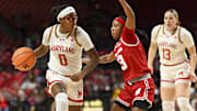 Maryland Terrapins guard Shyanne Sellers (0) dribbles as Wisconsin Badgers guard Ronnie Porter (13) defends the passing lanes during the first half  at Xfinity Center.