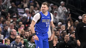 Dec 25, 2024; Dallas, Texas, USA; Dallas Mavericks guard Luka Doncic (77) celebrates during the game between the Dallas Mavericks and the Minnesota Timberwolves at the American Airlines Center.