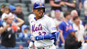 May 28, 2025; New York, New York, USA; New York Mets third baseman Mark Vientos (27) celebrates after hitting a home run during the third inning against the Chicago White Sox at Citi Field. Mandatory Credit: Lucas Boland-Imagn Images