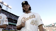 San Francisco Giants pitcher Madison Bumgarner wears 2014 World Series ring.