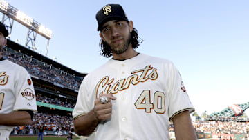 San Francisco Giants pitcher Madison Bumgarner wears 2014 World Series ring.