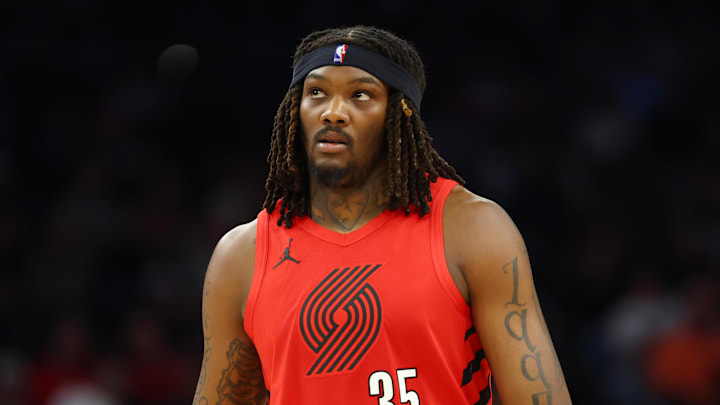 Feb 22, 2026; Phoenix, Arizona, USA; Portland Trail Blazers center Robert Williams III (35) against the Phoenix Suns at Mortgage Matchup Center. Mandatory Credit: Mark J. Rebilas-Imagn Images