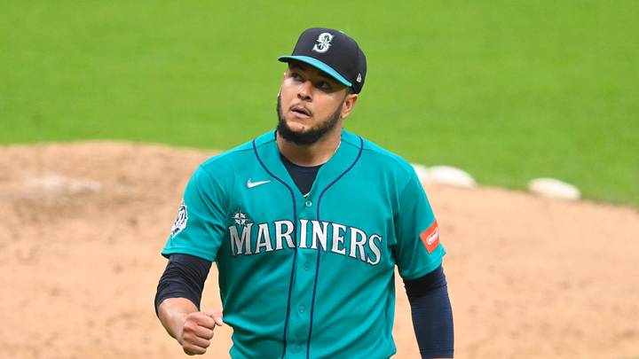 Jun 26, 2026; Cleveland, Ohio, USA; Seattle Mariners starting pitcher Luis Castillo (58) reacts at the end of the fourth inning against the Cleveland Guardians at Progressive Field. Mandatory Credit: David Richard-Imagn Images