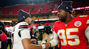 Dec 7, 2025; Kansas City, Missouri, USA; Houston Texans quarterback C.J. Stroud (7) and Kansas City Chiefs defensive tackle Chris Jones (95) greet each other after the game at GEHA Field at Arrowhead Stadium. Mandatory Credit: Denny Medley-Imagn Images