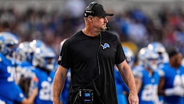 Detroit Lions head coach Dan Campbell watches a play against LA Chargers during the first half of the Hall of Fame Game at Tom Benson Hall of Fame Stadium in Canton, Ohio on Thursday, July 31, 2025.
