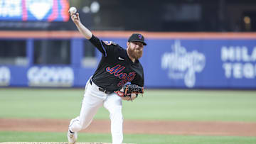 Jun 23, 2025; New York City, New York, USA;  New York Mets starting pitcher Paul Blackburn (58) pitches in the third inning against the Atlanta Braves at Citi Field. Mandatory Credit: Wendell Cruz-Imagn Images