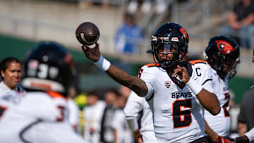 Oregon State Beavers quarterback Maalik Murphy throws a pass during warmups as the Oregon Ducks host the Oregon State Beavers Sept. 20, 2025, at Autzen Stadium in Eugene, Oregon.