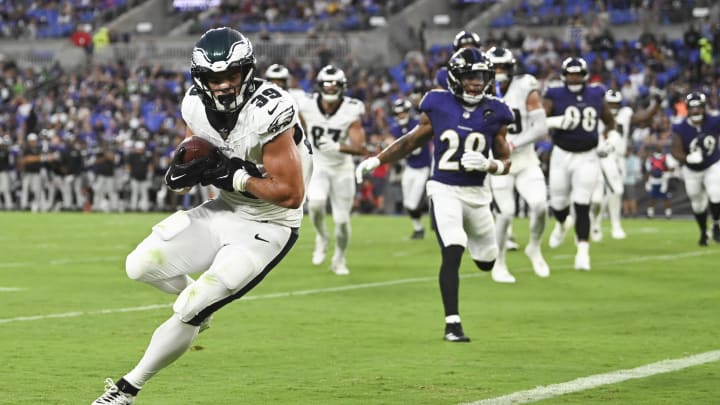 Aug 9, 2024; Baltimore, Maryland, USA; Philadelphia Eagles running back Will Shipley (39) makes a catch for a touchdown  during the first  quarter of a preseason game against the Baltimore Ravens at M&T Bank Stadium. 