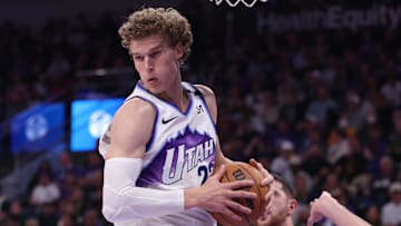 Oct 22, 2025; Salt Lake City, Utah, USA; Utah Jazz forward Lauri Markkanen (23) rebounds against the Los Angeles Clippers during the second half at Delta Center. Mandatory Credit: Rob Gray-Imagn Images