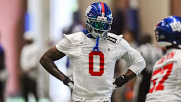 Jun 17, 2025; East Rutherford, NJ, USA; New York Giants linebacker Brian Burns (0) participates in a drill during minicamp at Quest Diagnostics Training Center. Mandatory Credit: John Jones-Imagn Images