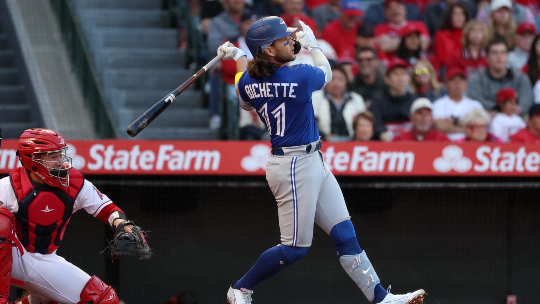 Apr 8, 2023; Anaheim, California, USA;  Toronto Blue Jays shortstop Bo Bichette (11) hits a home run