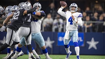 Dallas Cowboys quarterback Dak Prescott passes against the Las Vegas Raiders.
