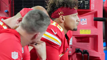 Kansas City Chiefs quarterback Patrick Mahomes (15) watches play against the Baltimore Ravens during the second half at GEHA Field at Arrowhead Stadium.