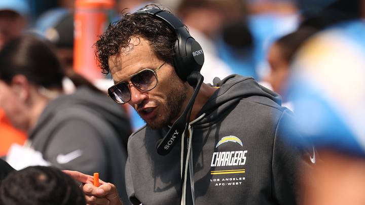 Sep 13, 2026; Inglewood, California, USA;  Los Angeles Chargers offensive coordinator Mike McDaniel on the sidelines during the first half against the Arizona Cardinals at SoFi Stadium.  Mandatory Credit: Kiyoshi Mio-Imagn Images