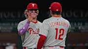 Aug 9, 2025; Arlington, Texas, USA; Philadelphia Phillies outfielder Harrison Bader (2) high fives outfielder Kyle Schwarber (12) following a game against the Texas Rangers at Globe Life Field. Mandatory Credit: Raymond Carlin III-Imagn Images