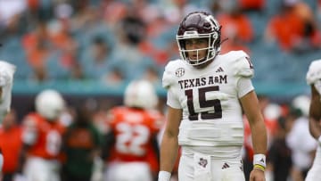 Sep 9, 2023; Miami Gardens, Florida, USA; Texas A&M Aggies quarterback Conner Weigman (15) looks on against the Miami Hurricanes during the first quarter at Hard Rock Stadium. Mandatory Credit: Sam Navarro-USA TODAY Sports