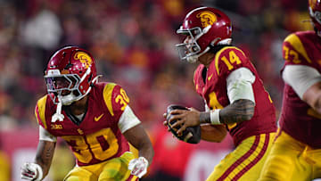 USC quarterback Jayden Maiava (14) and running back King Miller (30) lead the Trojans into a huge game at Oregon on Saturday.
