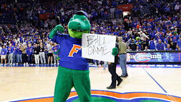 Jan 7, 2025; Gainesville, Florida, USA; Florida Gators mascot Albert the Alligator holds a sign after a game against the Tennessee Volunteers at Exactech Arena at the Stephen C. O'Connell Center. Mandatory Credit: Matt Pendleton-Imagn Images
