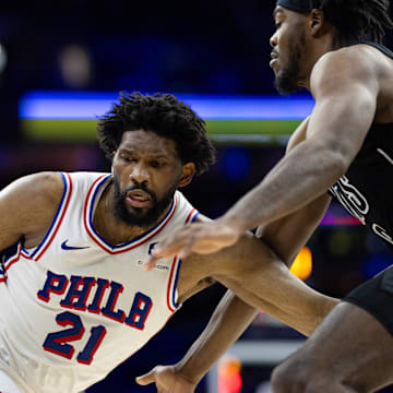 Philadelphia 76ers center Joel Embiid (21) controls the ball against the Brooklyn Nets.