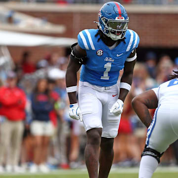 Sep 28, 2024; Oxford, Mississippi, USA; Mississippi Rebels defensive linemen Princely Umanmielen (1) waits for the snap during the first half against the Kentucky Wildcats at Vaught-Hemingway Stadium. Mandatory Credit: Petre Thomas-Imagn Images