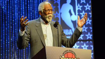 Feb 16, 2014; New Orleans, LA, USA; NBA legend Bill Russell speaks during a special tribute to him during the 2014 NBA All-Star Game Legends Brunch at Ernest N. Morial Convention Center. Mandatory Credit: Bob Donnan-USA TODAY Sports