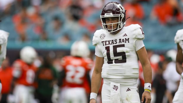 Texas A&M Aggies quarterback Conner Weigman looks on against the Miami Hurricanes.