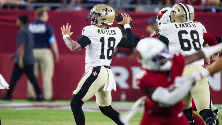 New Orleans Saints quarterback Spencer Rattler (18) passes against the Arizona Cardinals