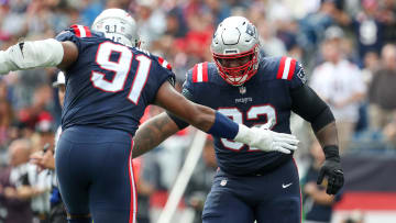 Sep 25, 2022; Foxborough, Massachusetts, USA; New England Patriots nose tackle Davon Godchaux (92) reacts during the first half against the Baltimore Ravens at Gillette Stadium. Mandatory Credit: Paul Rutherford-USA TODAY Sports