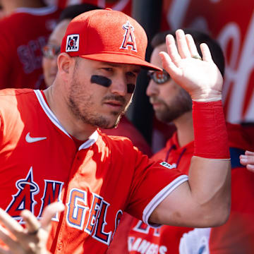 Mar 16, 2025; Tempe, Arizona, USA; Los Angeles Angels designated hitter Mike Trout against the San Diego Padres during a spring training game at Tempe Diablo Stadium. Mandatory Credit: Mark J. Rebilas-Imagn Images