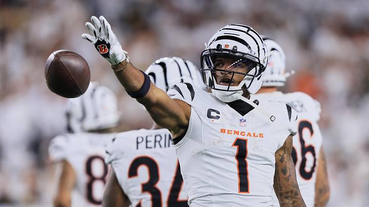 Oct 16, 2025; Cincinnati, Ohio, USA; Cincinnati Bengals wide receiver Ja'Marr Chase (1) reacts after catching a pass against the Pittsburgh Steelers during the second quarter at Paycor Stadium. Mandatory Credit: Katie Stratman-Imagn Images