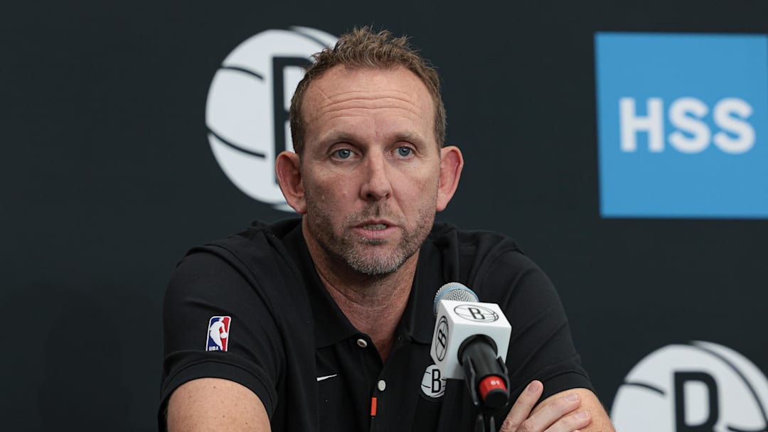 Sep 26, 2022; Brooklyn, NY, USA; Brooklyn Nets general manager Sean Marks talks to the media during media day at HSS Training Center. Mandatory Credit: Vincent Carchietta-Imagn Images