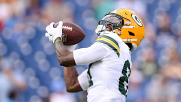 Sep 22, 2024; Nashville, Tennessee, USA;  Green Bay Packers wide receiver Romeo Doubs (87) makes a catch during pregame warmups before the game against the Tennessee Titans at Nissan Stadium. Mandatory Credit: Steve Roberts-Imagn Images