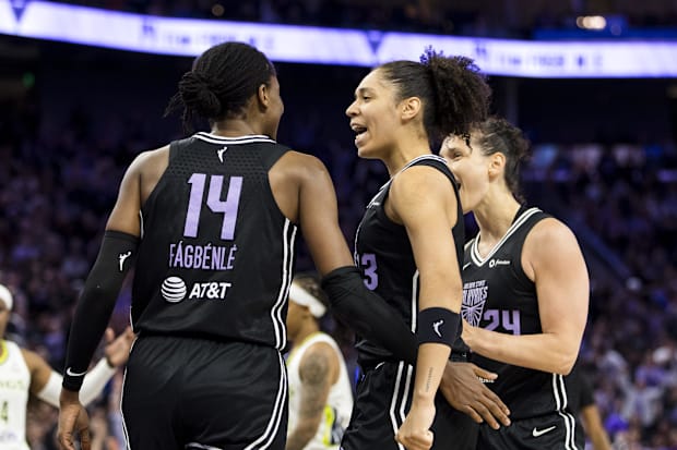 Golden State Valkyries center Temi Fagbenle reacts with forward Janelle Salaun.