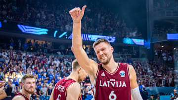 Latvia center Kristaps Porzingis at FIBA EuroBasket 2025.