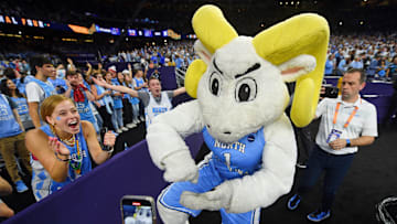 Apr 2, 2022; New Orleans, LA, USA; North Carolina Tar Heels mascot Rameses before the game against the Duke Blue Devils during the 2022 NCAA men's basketball tournament Final Four semifinals at Caesars Superdome. 