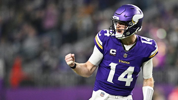 Minnesota Vikings quarterback Sam Darnold celebrates against the Green Bay Packers
