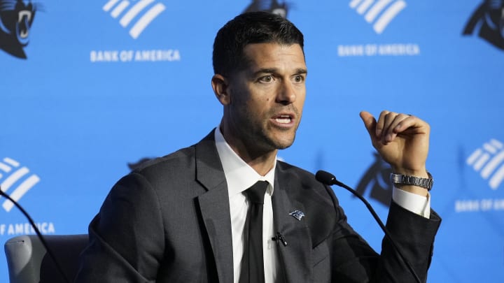 Feb 1, 2024; Charlotte, NC, USA;  Carolina Panthers head coach Dave Canales speaks to the media during the introductory press conference for new general manager Dan Morgan and head coach Dave Canales at Bank of America Stadium. Mandatory Credit: Jim Dedmon-USA TODAY Sports