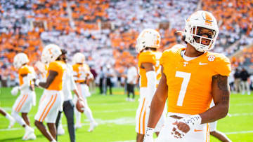 Tennessee linebacker Arion Carter (7) before a football game between Tennessee and Texas A&M at Neyland Stadium in Knoxville, Tenn., on Saturday, Oct. 14, 2023.