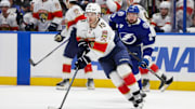 Apr 24, 2025; Tampa, Florida, USA; Florida Panthers left wing Matthew Tkachuk (19) controls the puck against the Tampa Bay Lightning during the third period in game two of the first round of the 2025 Stanley Cup Playoffs at Amalie Arena. Mandatory Credit: Nathan Ray Seebeck-Imagn Images