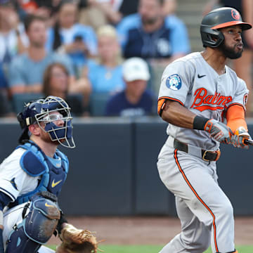 Jun 18, 2025; Tampa, Florida, USA; Baltimore Orioles center fielder Cedric Mullins (31) hits a home run against the Tampa Bay Rays in the second inning at George M. Steinbrenner Field. 