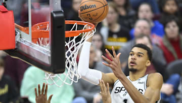Jan 7, 2024; Cleveland, Ohio, USA; San Antonio Spurs center Victor Wembanyama (1) shoots 